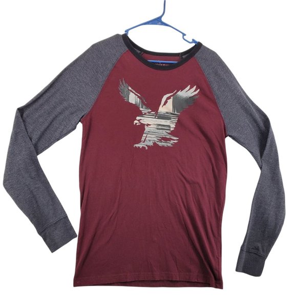 AMERICAN EAGLE Shirt Men's Long Sleeve Crew Neck Pullover Tee Red Gray Medium - Picture 1 of 12
